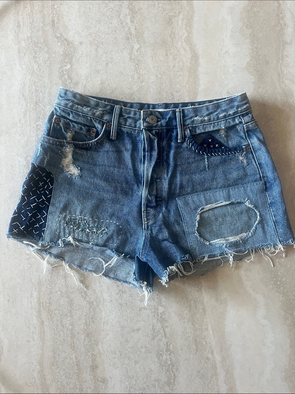 GRLFRND Blue Distressed Patchwork Jean Shorts
